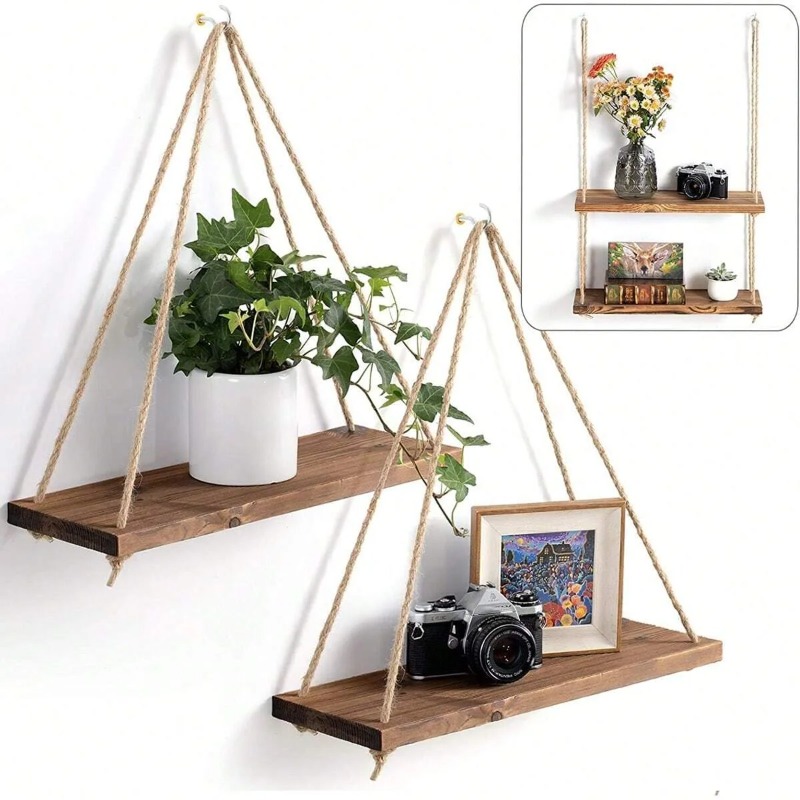 Terracotta Pot - 1PC ไม้ Swing แขวนเชือกกัญชาชั้นวางติดผนังลอยห้องนั่งเล่นดอกไม้หม้อถาดเก็บตกแต่งสวน