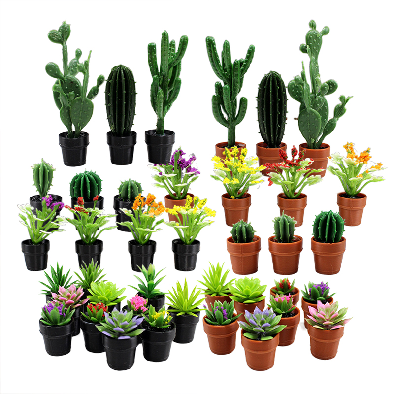 Succulent Set - 8 ชิ้น ต้นไม้กระถางพลาสติกจิ๋ว พร้อมโมเดลไม้อวบน้ำและกระบองเพชร สำหรับไดโอรามา บ้านตุ๊กตา