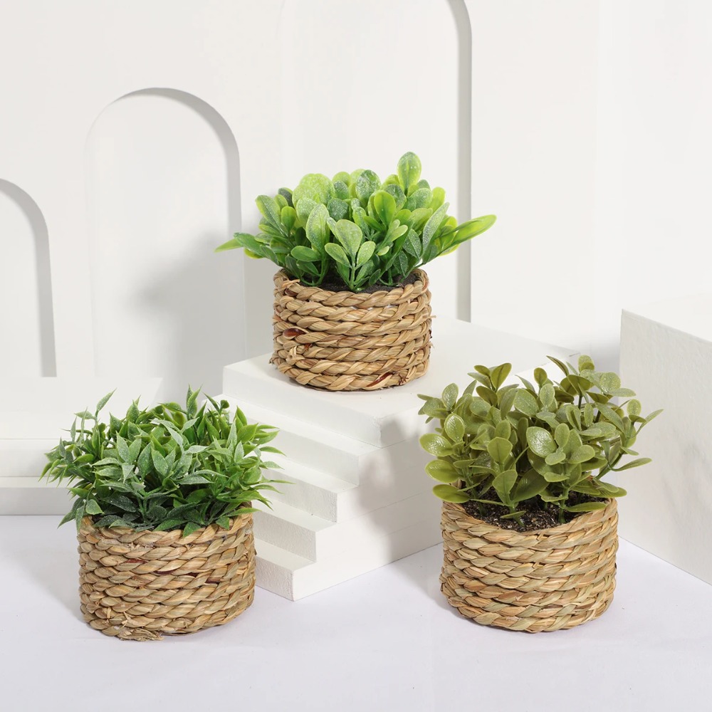 Succulent Set - สีเขียวประดิษฐ์กระถางต้นไม้ Eucalyptus หญ้าทอจําลอง Potted พืชพลาสติก 11